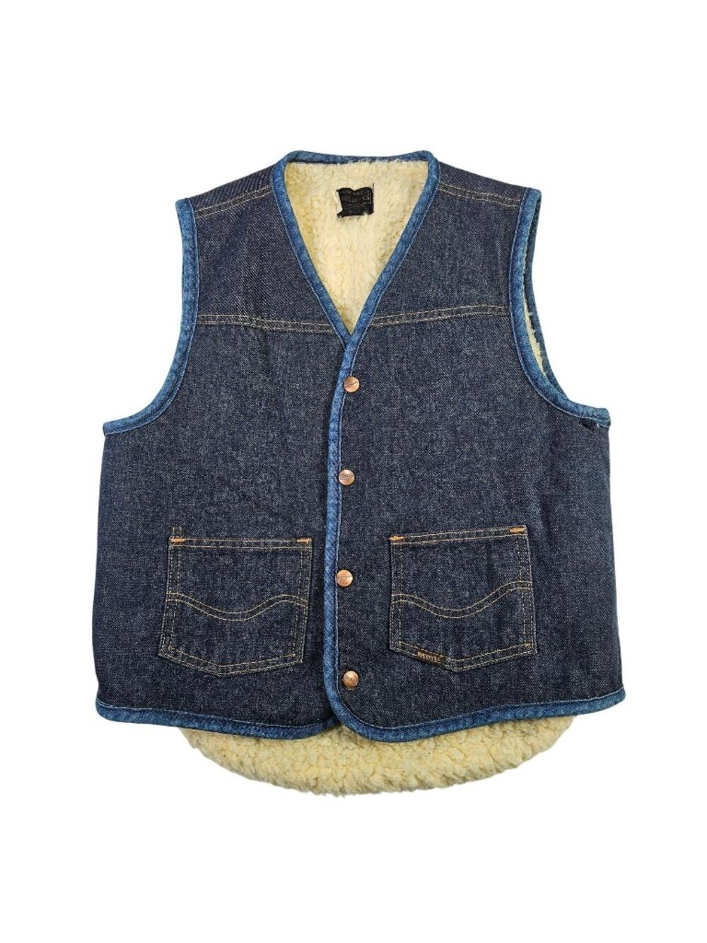Vintage Sears Roebucks Sherpa-Lined Denim Vest Snap Button Men's Size M Blue